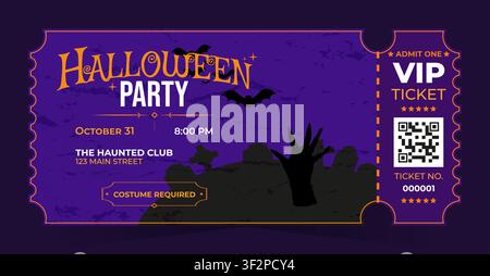 Horizontal Halloween party ticket template with colorful modern design. Editable admission pass for club events, music festivals, costume parties and holiday celebrations. Vector illustration. Stock Vector