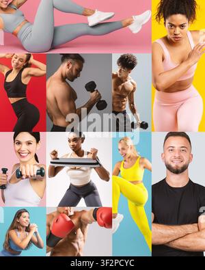 Diverse Group Of Active Young People Working Out In Gym, Strength Training Concept Stock Photo