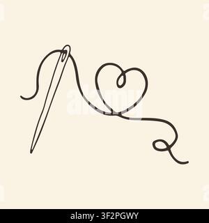 Doodle vector art of a classic sewing needle with thread forming a beautiful heart shape. Minimalist monochrome outline icon for handmade embroidery Stock Vector