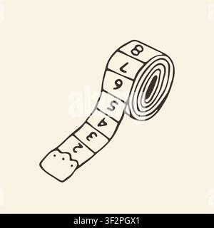 Vector illustration of a rolled flexible tailor measuring tape with visible number markings. Hand drawn monochrome line art icon for body measurements Stock Vector