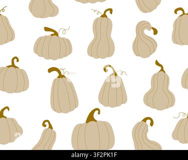 Beige and gold pumpkins seamless pattern vector illustration. Minimalist pastel squashes and gourds repeat background isolated on white. Aesthetic neutral autumn harvest texture for Thanksgiving, fabric Stock Vector