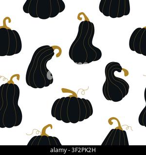 Black and gold pumpkins seamless pattern vector illustration. Luxury dark squashes and gourds repeat background isolated on white. Elegant autumn harvest texture for Halloween, Thanksgiving, fabric Stock Vector