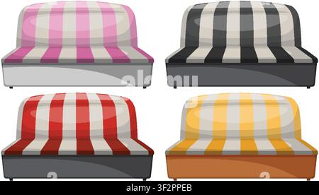 Vector illustration of four striped sofas in pink, black, red, and yellow, flat style Stock Vector