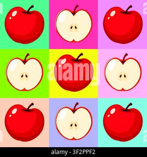 Colorful grid pattern of whole and sliced red apples in a flat vector style. Stock Vector