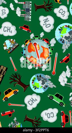Industrial pollution elements like smoke factories and greenhouse gases surround a warming Earth globe. Stock Vector