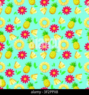 Vibrant vector illustration of whole pineapples, slices, and red flowers on a blue background. Stock Vector