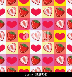 Flat vector illustration of whole strawberries, slices, and hearts arranged in colorful checkered grid. Stock Vector