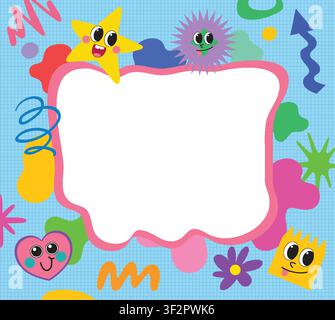 Vibrant vector illustration with playful characters, geometric shapes, and central white copy space. Stock Vector