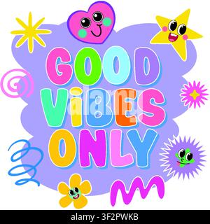 Vibrant vector graphic with playful cartoon characters, stars, and hearts in a nostalgic aesthetic. Stock Vector