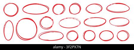 Hand drawn red line brush oval set. Hand drawn line brush pencil oval red color doodle marker chalk pen. Round circle underline frame check sign bubble texture background. Vector illustration Stock Vector