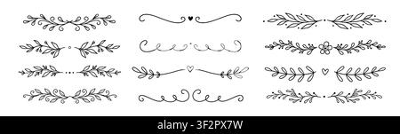 Line floral leaf ornament set. Hand drawn line floral leaf border vine doodle frame flower decor. Laurel olive divider flourish wreath botanical wedding garden vintage. Vector illustration Stock Vector