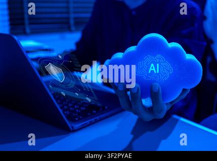 AI cloud security concept featuring secure artificial intelligence infrastructure, cloud computing, AI-powered cybersecurity, data protection, enterpr Stock Photo