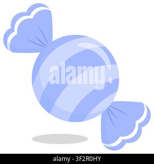 Cute pastel periwinkle striped wrapped candy vector icon. Minimalist glossy sweet with a white border wrapper in kawaii style. Perfect for planners an Stock Vector