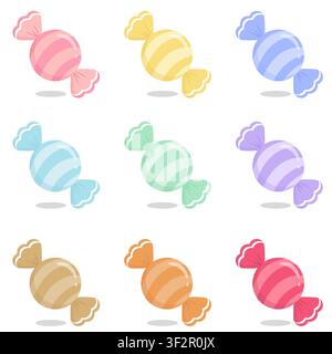 Cute collection of 9 pastel striped wrapped candy vector icons. Minimalist glossy sweets in a balanced 3x3 grid and colorful palette. Perfect for stic Stock Vector