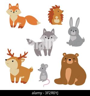 Cute woodland animals set vector illustration. Forest characters collection with fox, wolf, bear, deer, hedgehog, rabbit, and mouse isolated on white background. Sweet nursery design elements Stock Vector