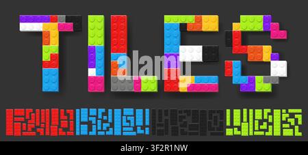 Realistic colored plastik constructor parts isolated on dark grey background. Play and build concept. Vector illustration Stock Vector