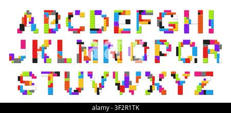 English font alphabet made with colored plastik constructor parts isolated on white background. Play and build concept. Vector illustration Stock Vector