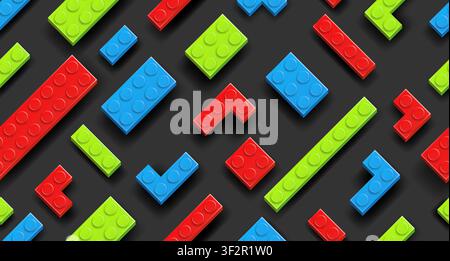Seamless background made with realistic multicolor plastik constructor blocks on dark grey background. Play and build concept. Vector illustration Stock Vector