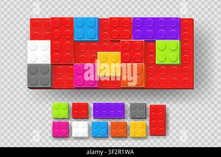 Realistic colored plastik constructor parts isolated on transparent background. Play and build concept. Vector illustration Stock Vector