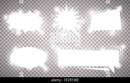 Pack of detailed empty silver shinig comic speech bubbles. Vintage art style graphic elements. Light effects. Vector illustration Stock Vector