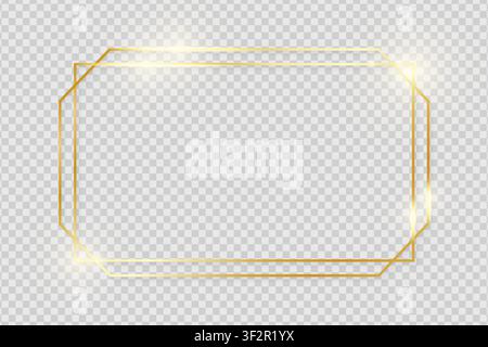 Gold shiny glowing vintage frame with shadows isolated on transparent background. Golden luxury realistic symmetrical border. Vector illustration Stock Vector