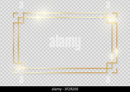 Gold shiny glowing vintage frame with shadows isolated on transparent background. Golden luxury realistic symmetrical border. Vector illustration Stock Vector