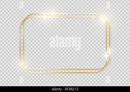 Gold shiny glowing vintage frame with shadows isolated on transparent background. Golden luxury realistic symmetrical border. Vector illustration Stock Vector