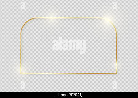Gold shiny glowing vintage frame with shadows isolated on transparent background. Golden luxury realistic symmetrical border. Vector illustration Stock Vector