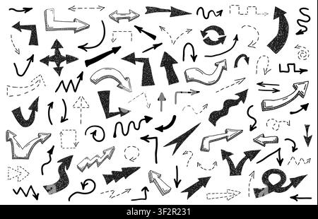 Big set of black grunge doodle hand drawn arrows isolated on white. Sketch style ink symbols collection. Vector illustration Stock Vector