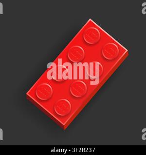 Realistic red Lego plastik constructor part  4x2 isolated on dark grey background. Vector illustration Stock Vector