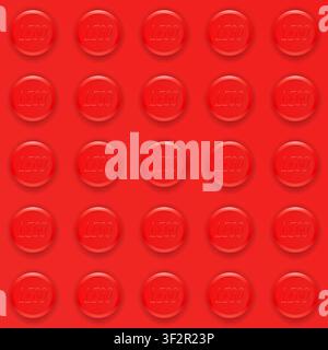 Realistic red Lego plastik constructor seamless background. Vector illustration Stock Vector