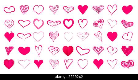 Pink hearts big set. 8 march day icons. Heart signs isolated on white background. Love concept stickers. Doodle style hand drawn hearts and smiles. St Stock Vector