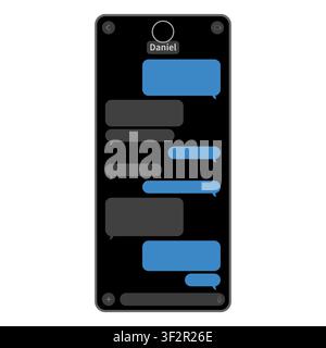 Classic smartphone chat window in dark mode. Modern messenger text template. Phone screen isolated on white. Contact conversation screen. Vector illus Stock Vector
