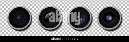 Realistic high detailed modern camera lens pack. Smartphone, camera close uo isolated on transparent background. Vector illustration Stock Vector