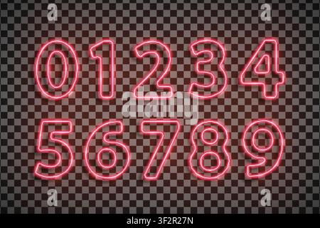 Red numbers font made with led neon tube isolated on transparent background. Light glowing effect numbers. Detailed vector illustration Stock Vector