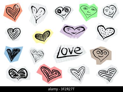 Doodle style hand drawn paper cut out hearts and smiles isolated on white. Sticker pack. Vector likes set. Creative grunge heart symbols. Vector illus Stock Vector