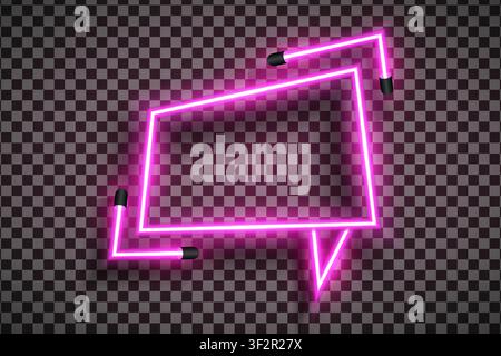 Empty neon comic speech bubble in realistic pink led neon tube frame style isolated on transparent background. Light effect photo frame. Detailed vect Stock Vector