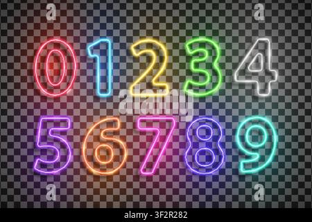 Colored numbers font made with led neon tube isolated on transparent background. Light glowing effect numbers. Detailed vector illustration Stock Vector