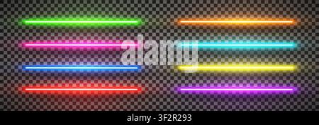 Realistic led neon tube light big pack isolated on transparent background. Cyan, green yellow, orange, blue purple, yellow and red detailed light. Vec Stock Vector