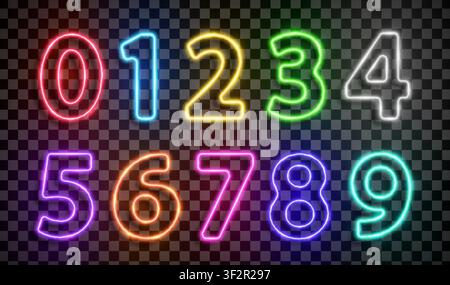 Colored numbers font made with led neon tube isolated on transparent background. Light glowing effect numbers. Detailed vector illustration Stock Vector