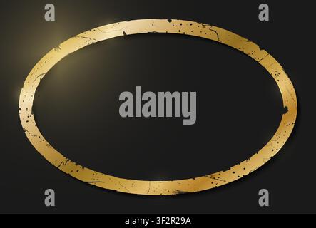 Gold shiny glowing vintage aged frame with shadows isolated on black background. Golden luxury realistic oval border. Old golden luxury photo frame. V Stock Vector
