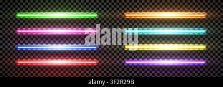 Realistic led neon horizontal tube light big pack isolated on transparent background. Cyan, green yellow, orange, blue purple, yellow and red detailed Stock Vector