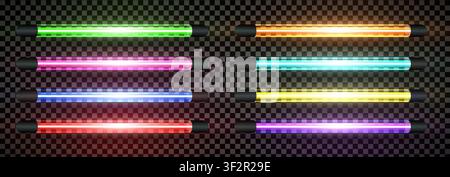 Realistic led neon horizontal bulb light big pack isolated on transparent background. Cyan, green yellow, orange, blue purple, yellow and red detailed Stock Vector