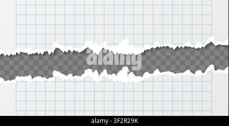 Empty checered realistic school notepad sheet torned mockup isolated on transparent background. Cuted notepad sheet with hole. Vector illustration Stock Vector