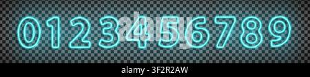 Cyan numbers font made with led neon tube isolated on transparent background. Light glowing effect numbers. Detailed vector illustration Stock Vector