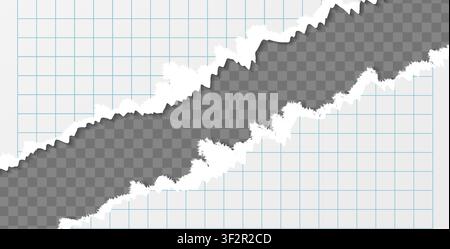 Empty checered realistic school notepad sheet torned mockup isolated on transparent background. Cuted notepad sheet with hole. Vector illustration Stock Vector