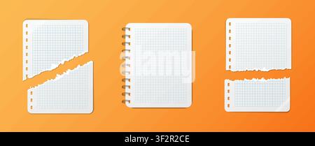 Empty realistic school notepad mockup isolated on orange background. For your image, logo, text or design. Blank notebook mock up with shadows. Torn n Stock Vector