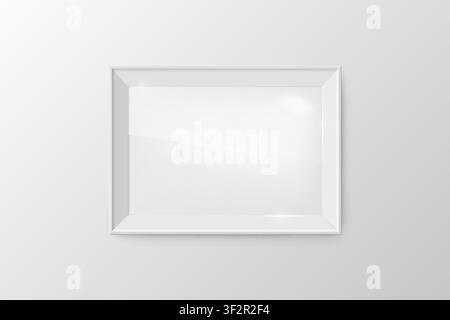 Realistic vintage horizontal rectangle classic photo frame with ineer glass on white wall background. Rectangle border. Invitation, sale, memories, ex Stock Vector