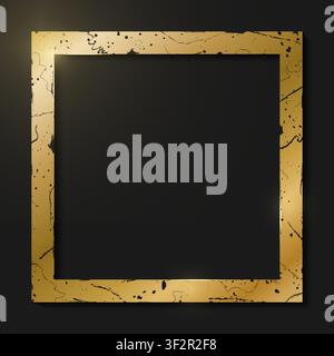 Gold shiny glowing vintage aged frame with shadows isolated on black background. Golden luxury realistic sqaure border. Old golden luxury photo frame. Stock Vector