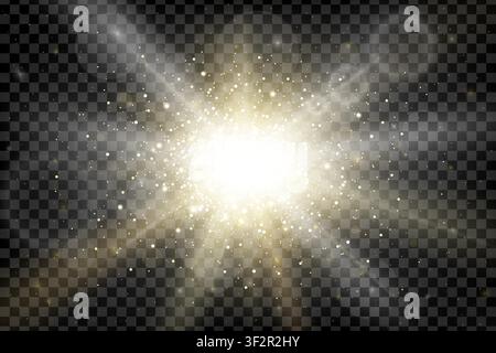 Big glowing explosion with sun beams realistic effect isolated on transparent background. Luxury jewelry glitter backdrop. Sci-fi background. Universe Stock Vector